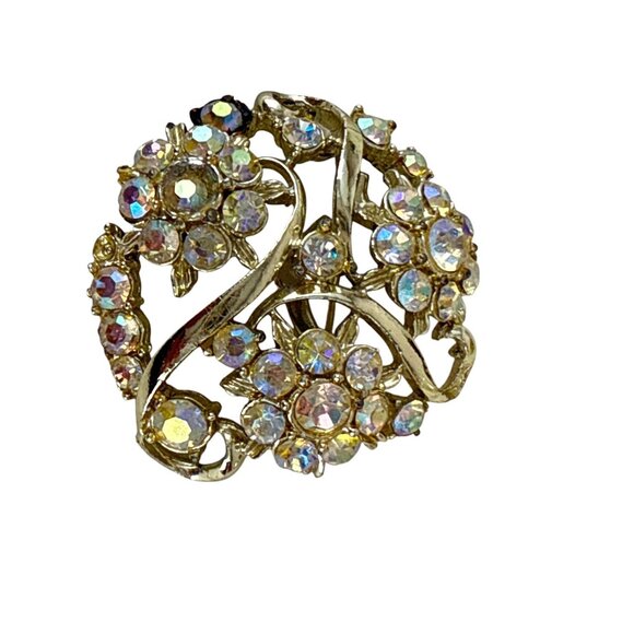 Vintage AB Rhinestone Floral Brooch Round Gold Tone 2" Sparkle Pin - Picture 4 of 6